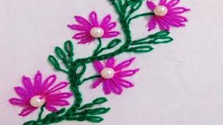 Hand embroidery,  border line embroidery design with lazy daisy stitch